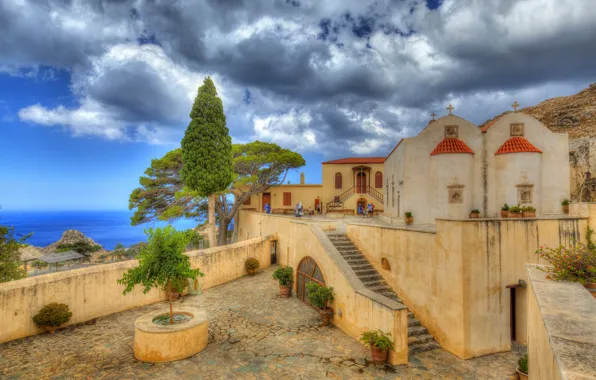 Sea, clouds, coast, Greece, the monastery, Crete, Crete, Preveli
