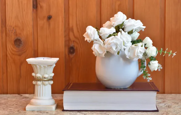 White, flowers, book, candle holder, decor
