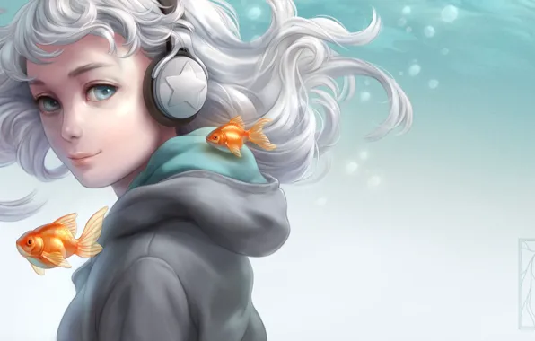 Girl, fish, headphones, Aqua, art, Kotikomori