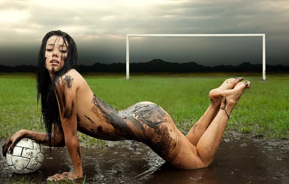 Field, girl, Wallpaper, football, naked, the ball, gate, puddle