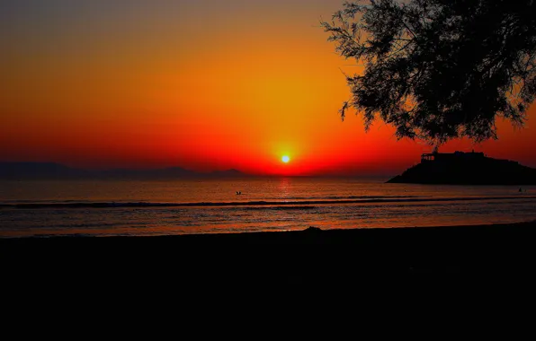 Picture sea, the sky, the sun, clouds, sunset, mountains