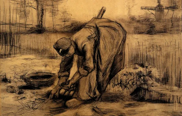 Vincent van Gogh, pitchfork, a woman harvests, Peasant Woman, Lifting Potatoes 6