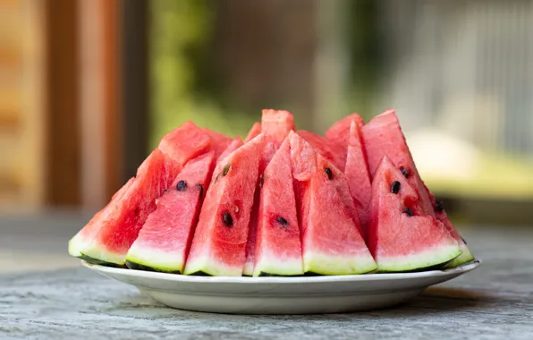 Table, background, food, watermelon, plate, slices, bokeh, blurred
