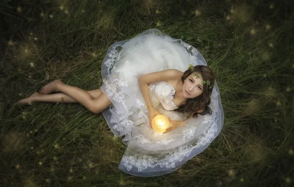 Picture grass, look, feet, candle, dress, Asian, the bride, wedding dress