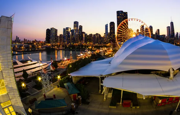 Picture lights, skyscrapers, the evening, yacht, Chicago, Ferris wheel, restaurant, USA