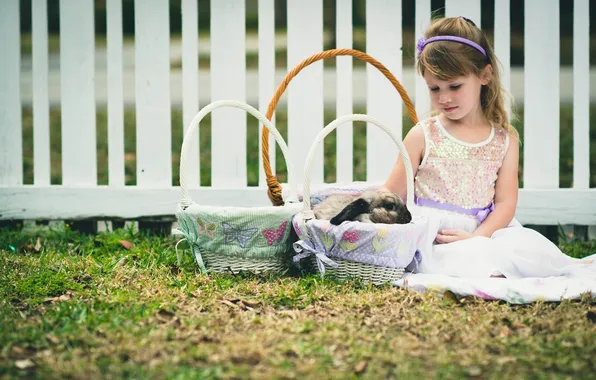 Grass, child, rabbit, girl, baskets