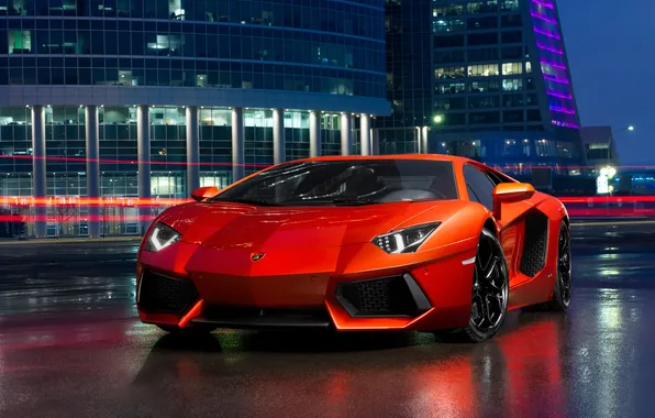 Night, building, Lamborghini, Lamborghini, red, Aventador