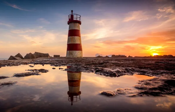Sea, the sky, landscape, lighthouse, sunset, portugal, póvoa