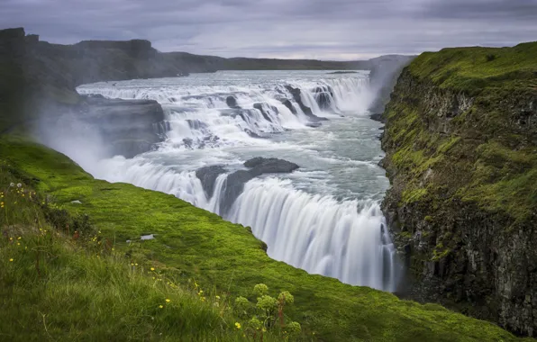 Picture the sky, clouds, nature, waterfall, Iceland, Gullfoss