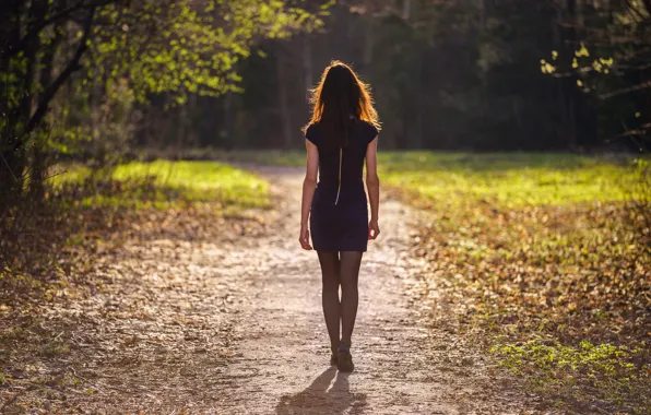 Forest, girl, the sun, figure, dress, path, autumn