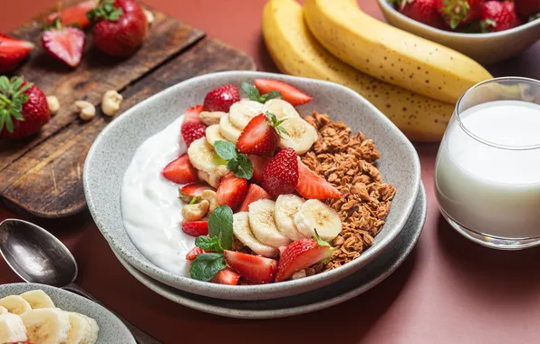 Berries, Breakfast, strawberry, bananas, bowl, muesli, sour cream, yogurt