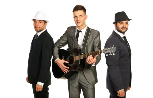 Guitar, white background, trio, three, men, hats, costumes, ties