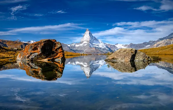 Snow, mountains, lake, reflection, stones, coast, sky clouds