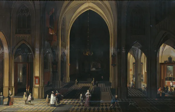 Picture oil, interior, picture, 1636, Peter Nevs, Pieter Neeffs, A Church interior by candlelight