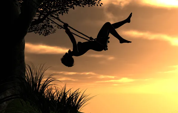 Picture the sky, girl, sunset, rendering, swing, tree