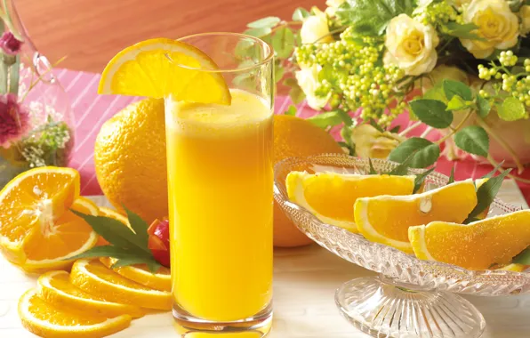 Flowers, glass, oranges, juice