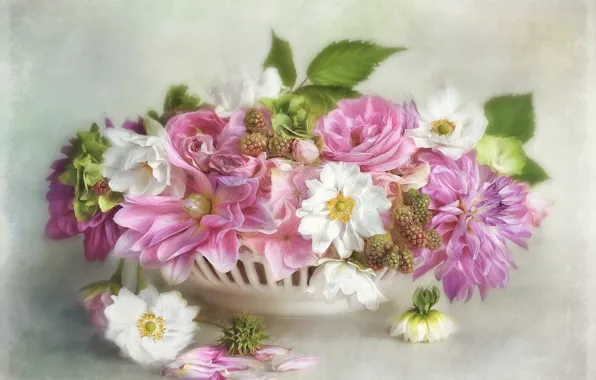 Leaves, flowers, berries, background, bouquet, petals, art, pink