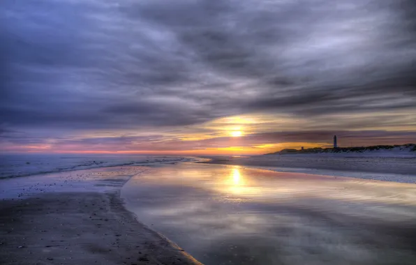 Sea, sunset, lighthouse, Denmark, Blåvand