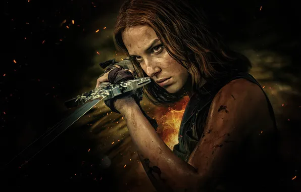 Girl, background, fire, sword, fantasy, sparks, poster, Millie Bobby Brown