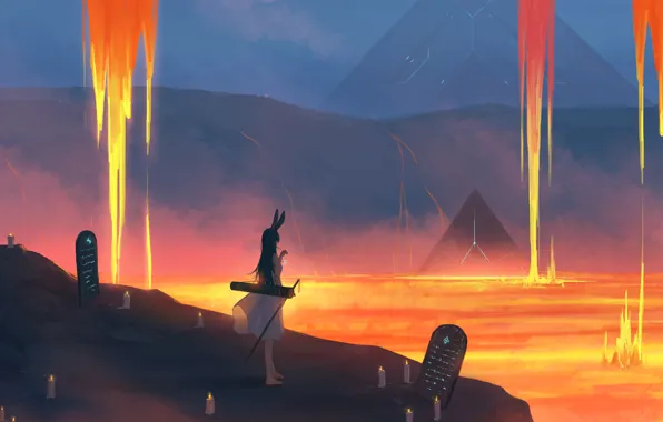 Girl, candles, lava, ears, tombstones