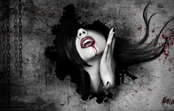 Picture girl, face, wall, blood, vampire