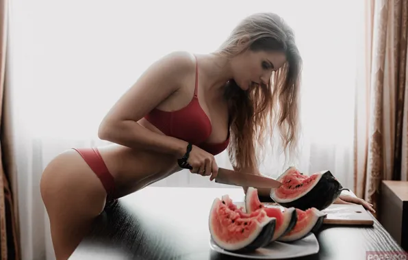 Pose, table, panties, linen, makeup, watermelon, figure, window
