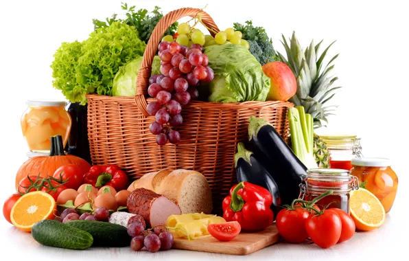 Basket, eggs, oranges, cheese, bread, grapes, eggplant, white background
