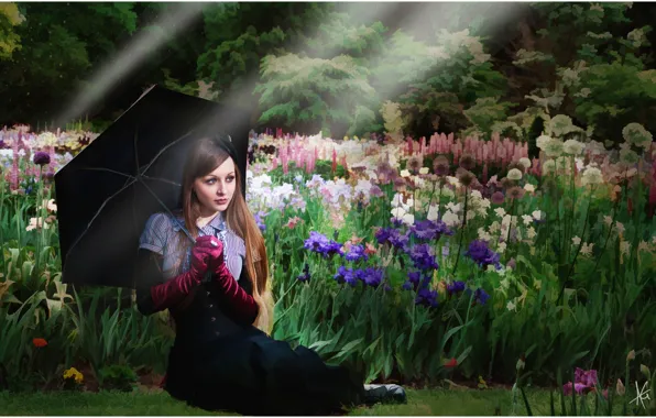 Picture summer, girl, trees, flowers, retro, black, figure, graphics