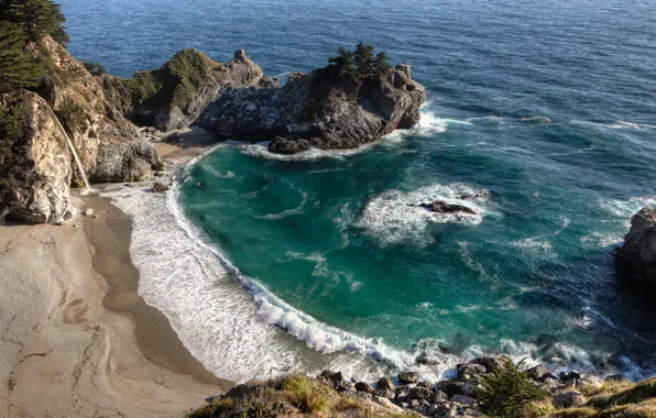 Rock, the ocean, waterfall, Bay, California, Big Sur, McWay Falls, Julia Pfeiffer Burns State Park