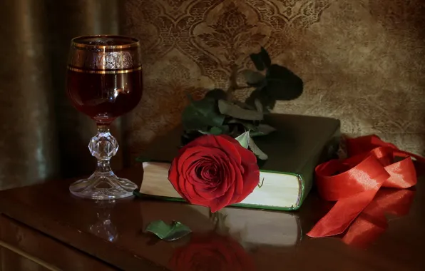 Picture glass, roses, tape, book