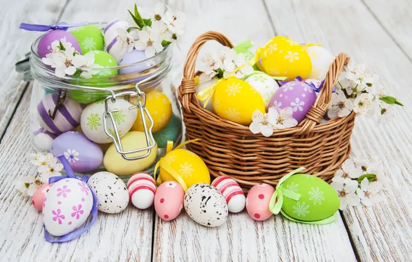 Flowers, eggs, colorful, Easter, happy, wood, pink, blossom