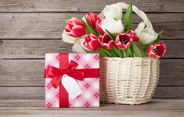 Flowers, gift, bouquet, tulips, red, love, white, wood