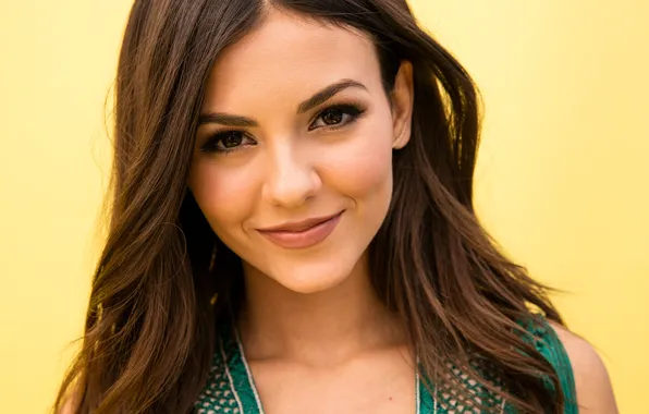 Yellow, smile, background, portrait, makeup, actress, brunette, hairstyle