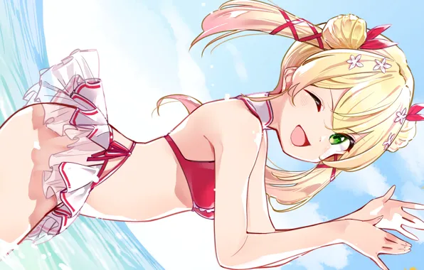 Girl, sexy, beach, green eyes, sea, anime, water, beautiful