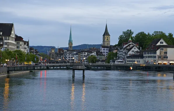 The sky, trees, bridge, river, tower, home, the evening, Switzerland