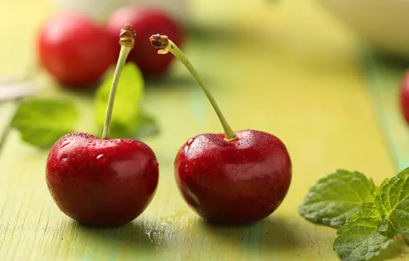 Macro, berries, pair, red, mint, cherry
