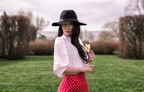 Picture trees, flowers, glade, skirt, portrait, hat, makeup, brunette