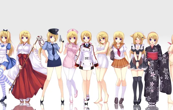 Girls, Alice, schoolgirl, kimono, priestess, nurse, police, striped stockings