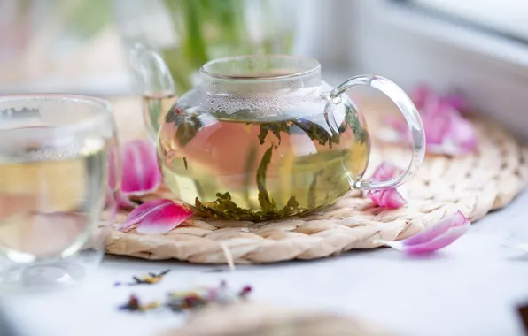 Glass, transparent, glass, tea, glass, petals, kettle, the tea party
