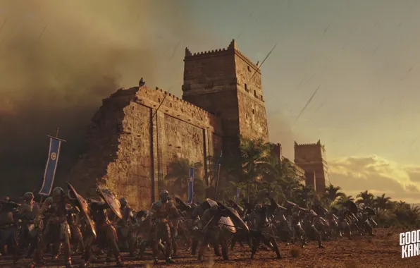 Palm trees, fortress, warriors, defense, Conan Unconquered3