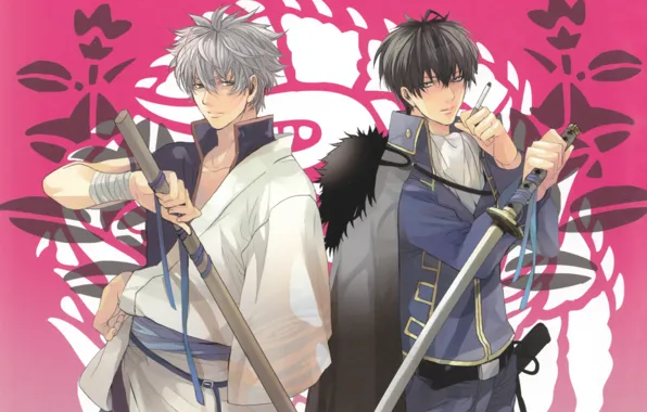 Pattern, katana, cigarette, kimono, gintama, sakata gintoki, Gintama, two guys