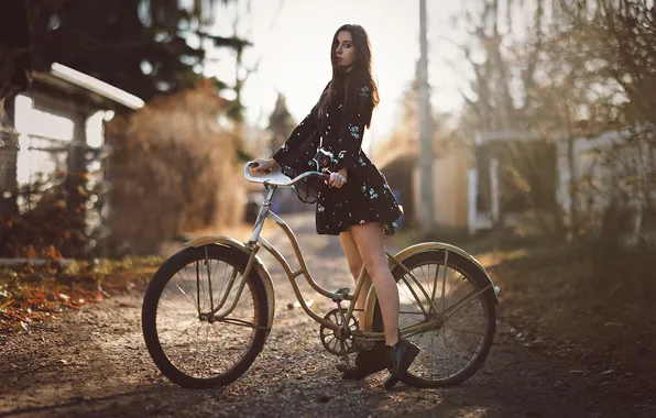 Girl, dress, bike, beautiful, gorgeous, long-haired