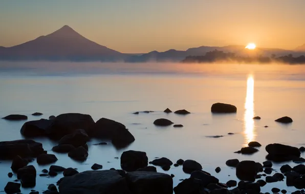 The sun, sunset, mountains, nature, fog, stones, dawn, shore