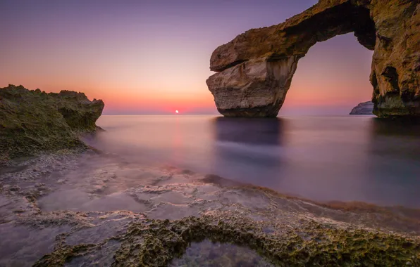 Sea, sunset, rocks, coast, arch, Malta, Malta, Gozo