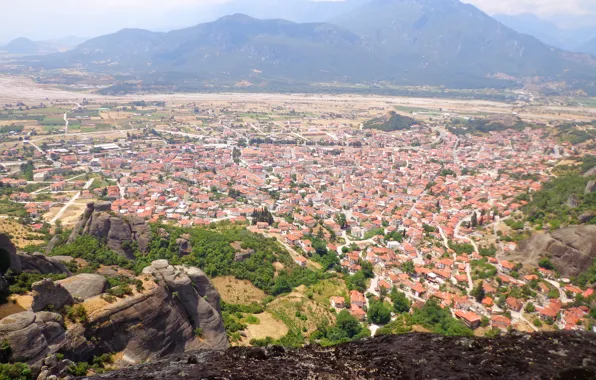 Picture mountains, the city, meteor, Greece, townб Greece, Meteory