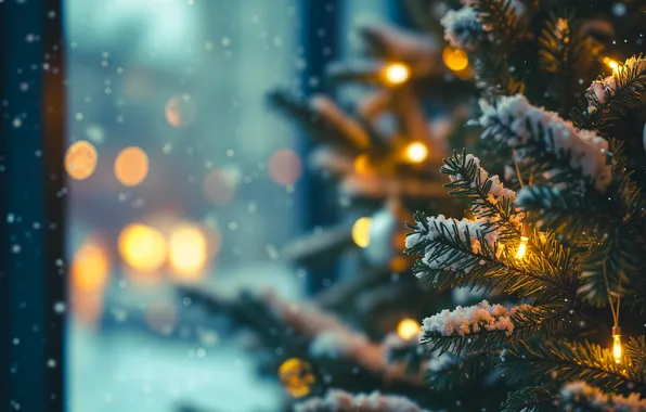 Winter, frost, snow, branches, lights, texture, window, Christmas