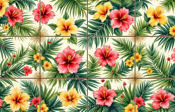 Leaves, flowers, tile, texture, hibiscus, AI art, neural network