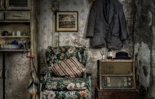 Old, chair, umbrella, jacket, radio, chopper