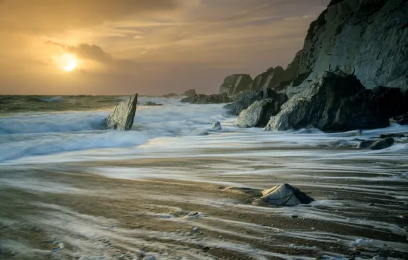 Sea, wave, beach, the sky, the sun, clouds, storm, stones