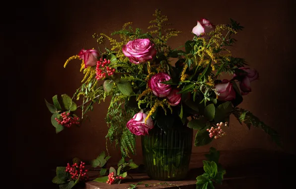 Picture berries, roses, bouquet, still life, Kalina